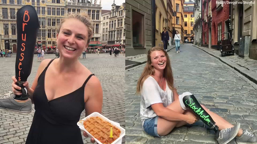 Woman creatively uses prosthetic leg to document trip
