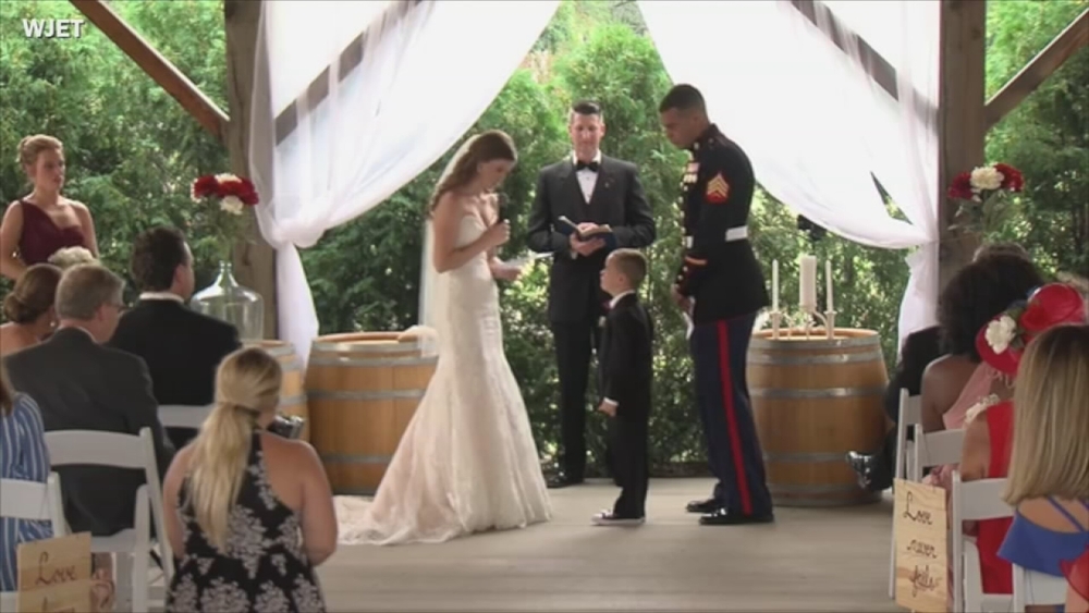 Marine's son cries in new step moms' arms while they exchange vows