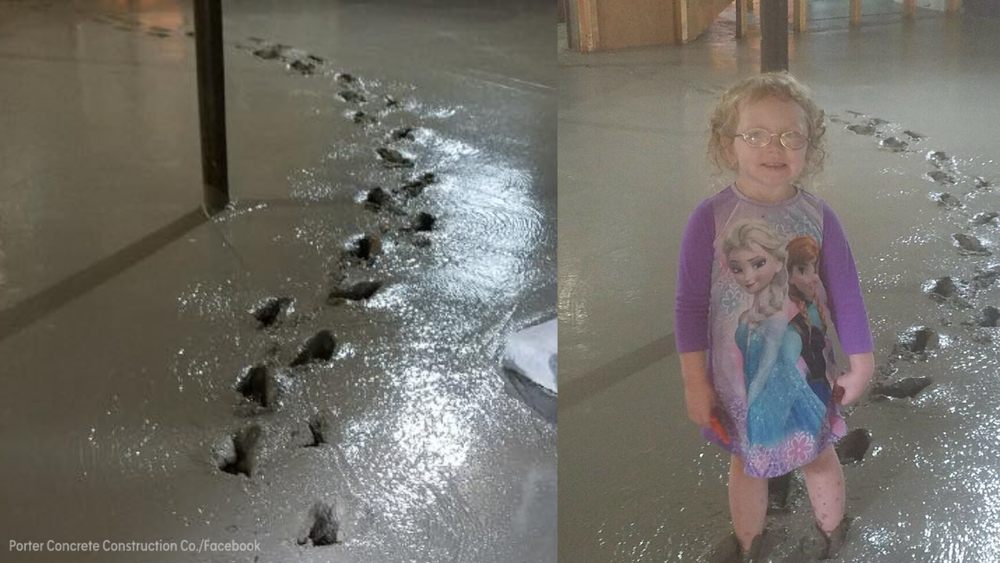 Toddler leaves footprints all over freshly poured concrete