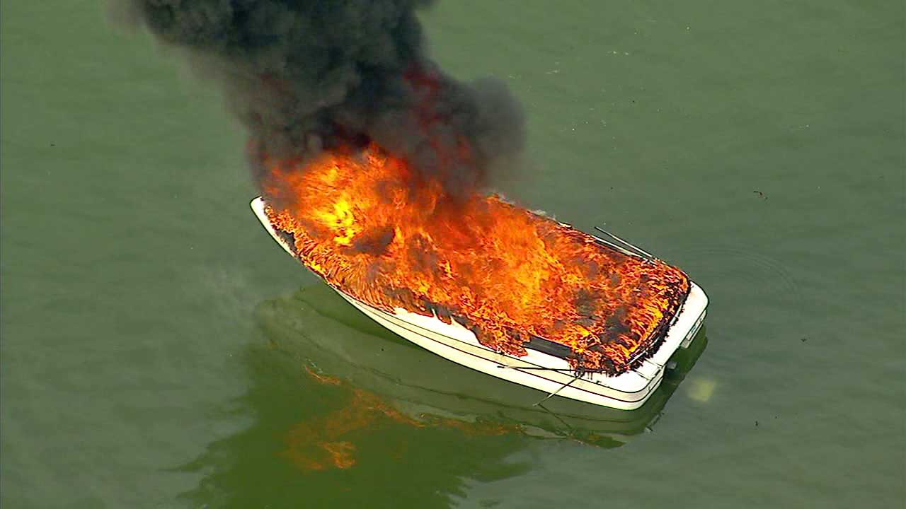 Speed boat goes up in flames on lake near Pomona