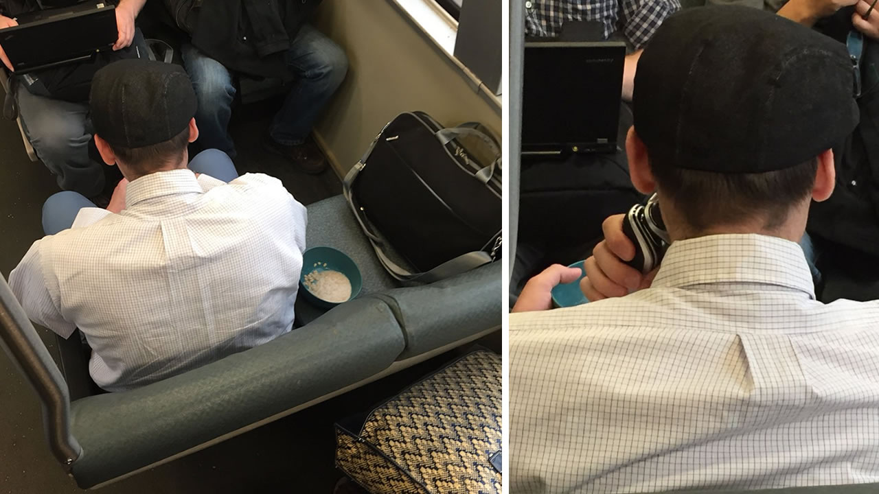 BART rider eats oatmeal, shaves while on train