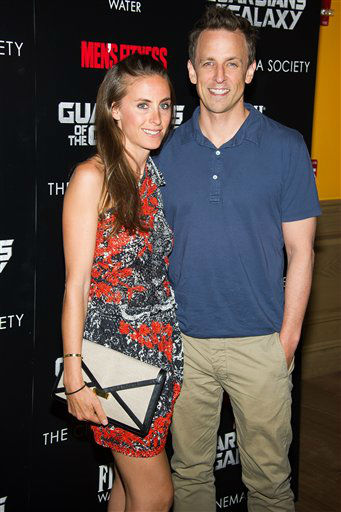 Alexi Meyers and Seth Meyers attend a screening of "Guardians of the Galaxy" in New York