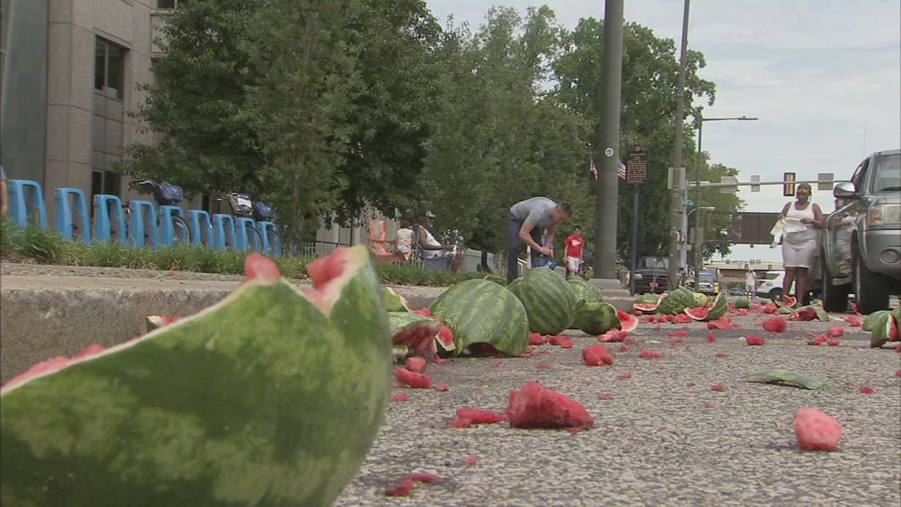 Truck spills watermelons all over Center City street