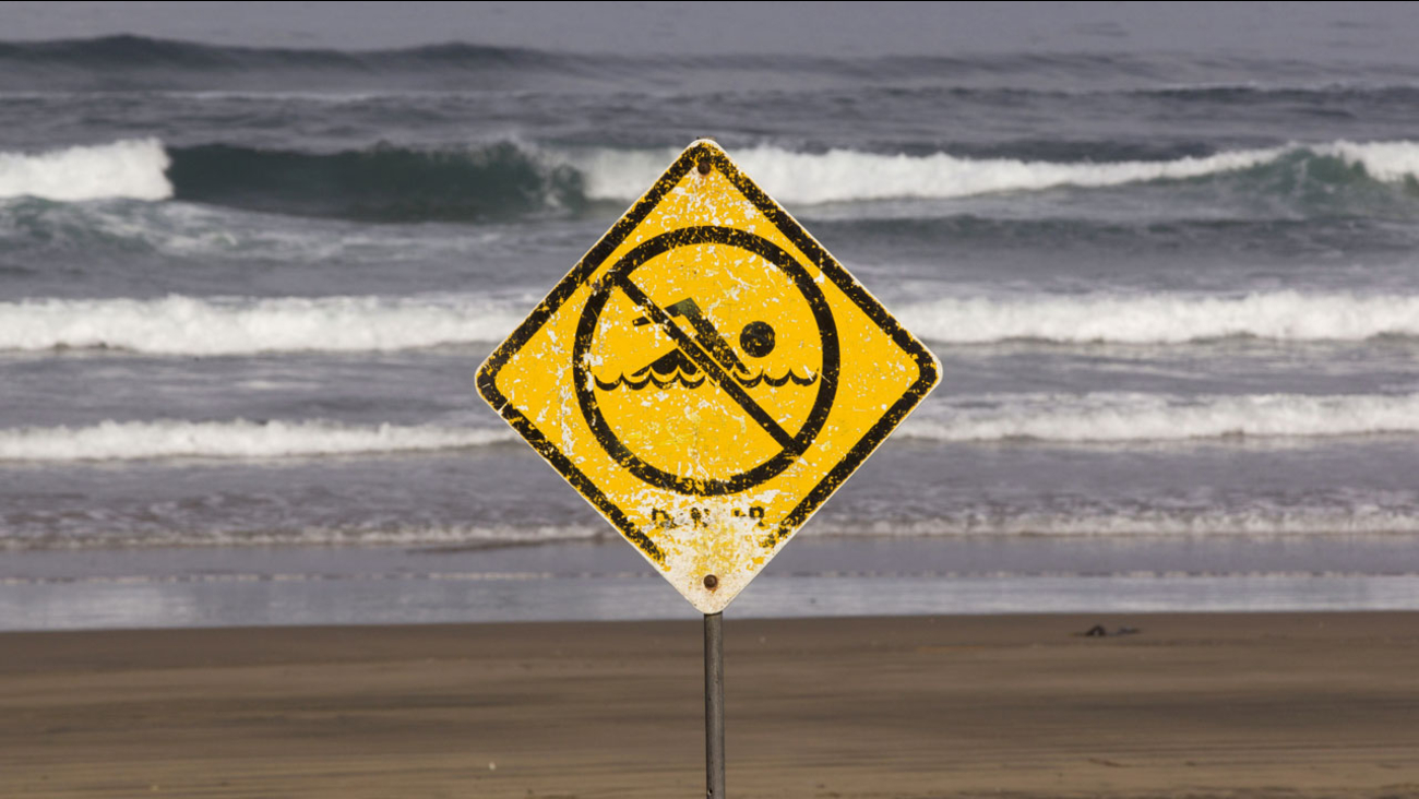 A no swimming sign is displayed at Muriwai Beach near Auckland, New Zealand, Thursday, Feb. 28, 2013.