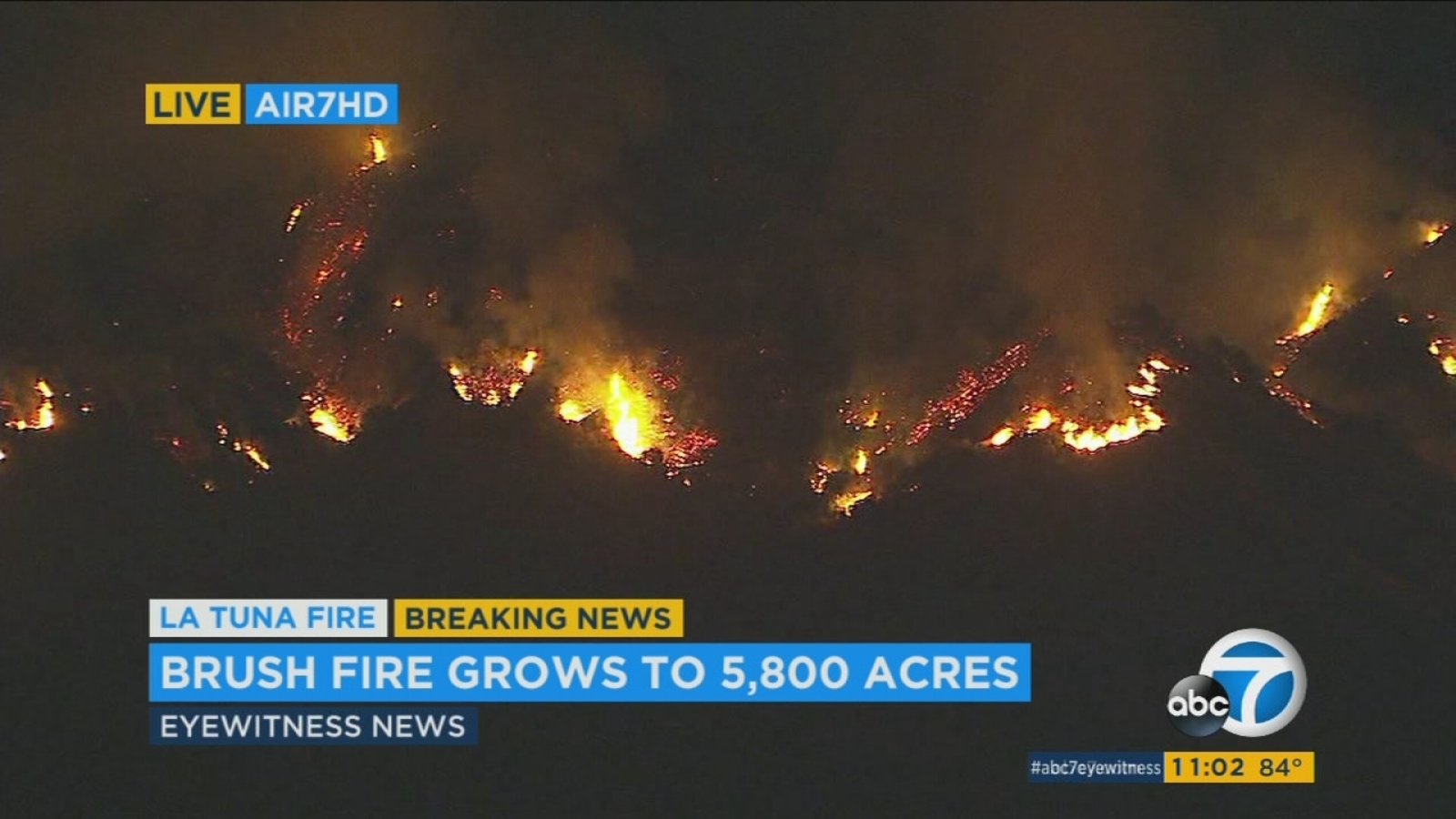 La Tuna Fire explodes to 8,000 acres, largest such blaze in LA history; 10 percent contained