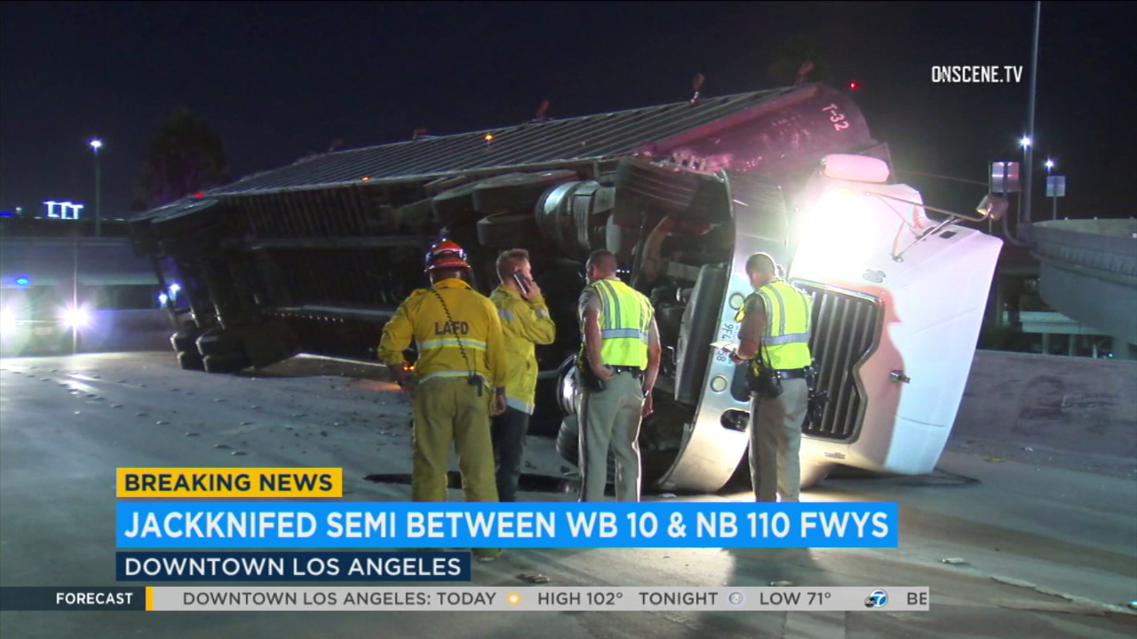 Jackknifed big rig forces hourslong closure of freeway transition road ...