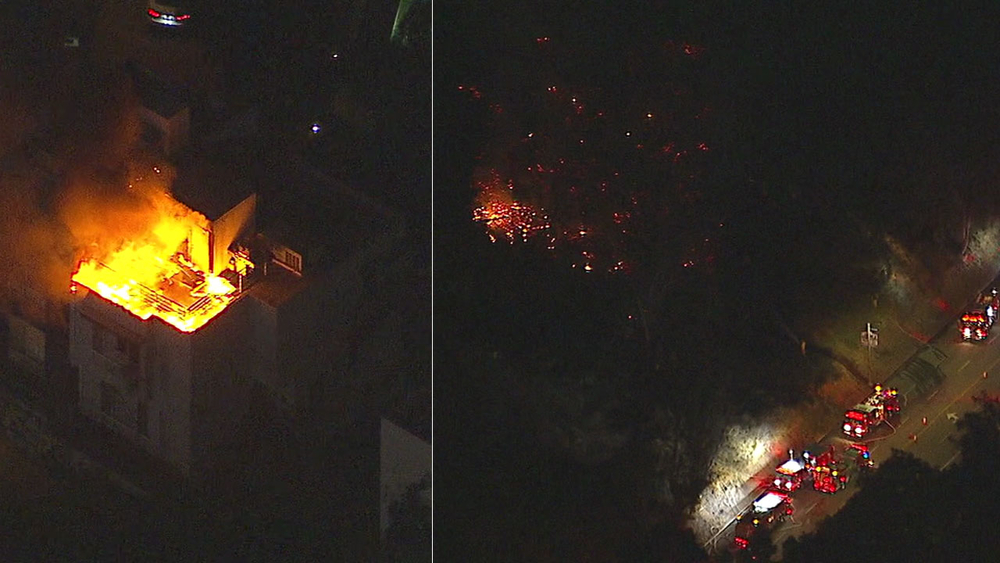 Brush fire, apartment fire extinguished near Dodger Stadium