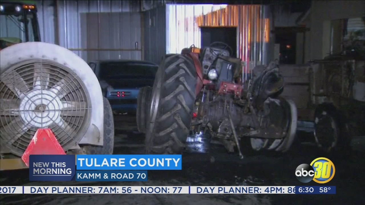 Crews battle early morning farming equipment fire near Dinuba