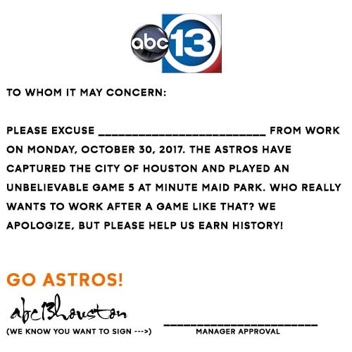 Calling all Astros fans: Orbit has the best work excuse letter for you