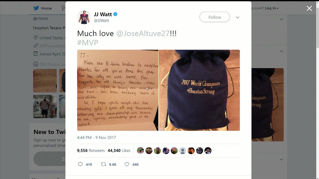 Altuve thanks Watt with whiskey and letter
