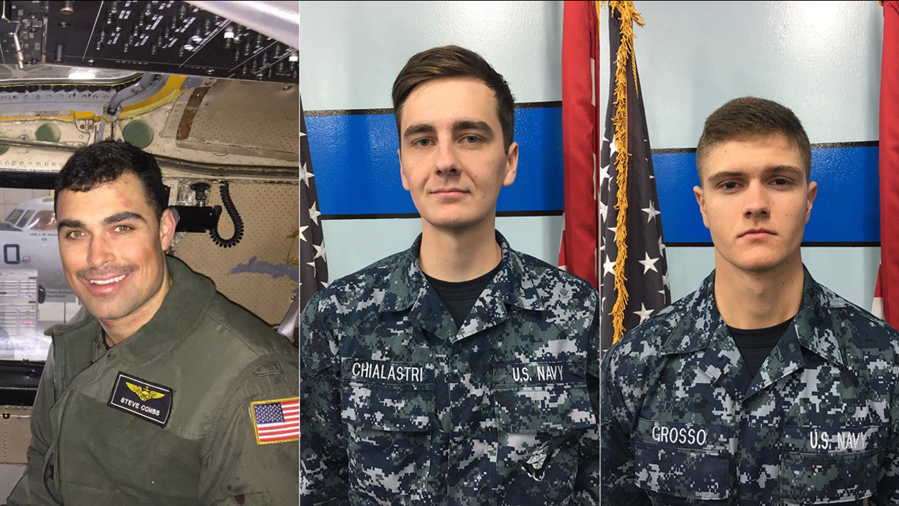 Lt. Steven Combs of Florida, left, Airman Matthew Chialastri of Louisiana, center, and Airman Apprentice Bryan Grosso of Florida are seen in photos released after their deaths.