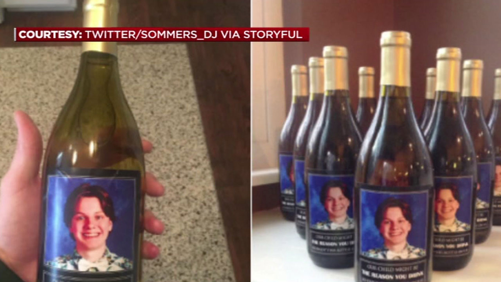 Parents give teachers wine bottles with son's face on them