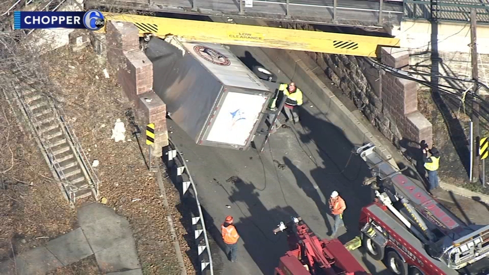Truck stuck after hitting rail overpass in Wayne