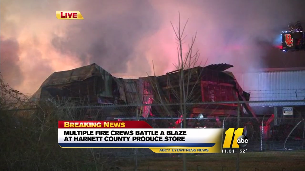 Firefighters battle a blaze at Harnett County produce store