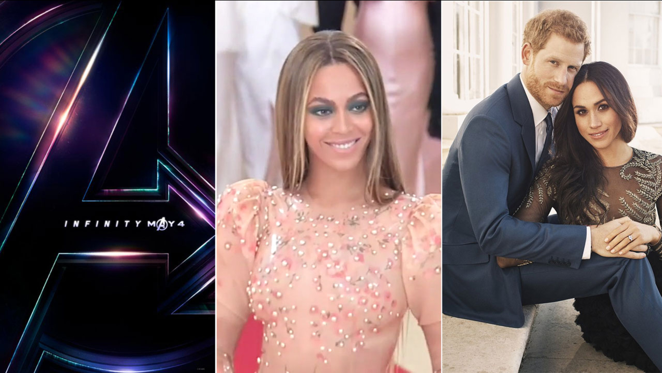 A poster for "Avengers: Infinity War" is shown alongside an image of Beyonce and one of the engagement photos of Prince Harry and Meghan Markle.