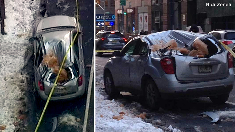 Falling ice crushes car in SoHo