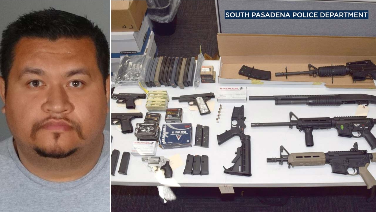 (Left) Paul Anthony Cruz is seen in a photo. (Right) Weapons taken from Cruz's home are seen in a photo provided by South Pasadena police.