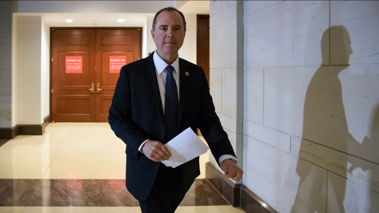 Rep. Adam Schiff leaves a secure area where the panel meets as Democrats seek to push back against a classified memo released by Republicans.