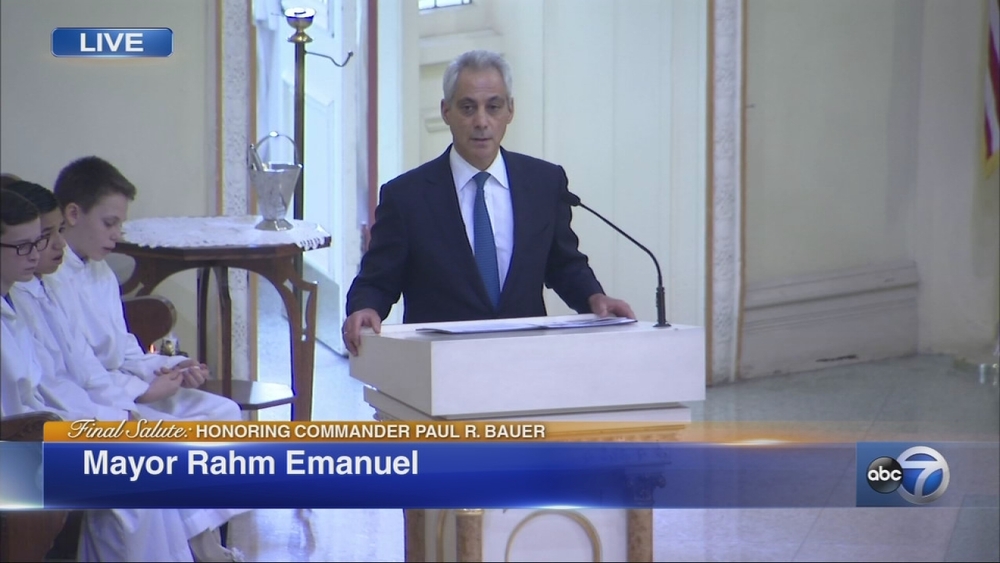 Mayor Emanuel speaks at Cmdr. Bauer's funeral