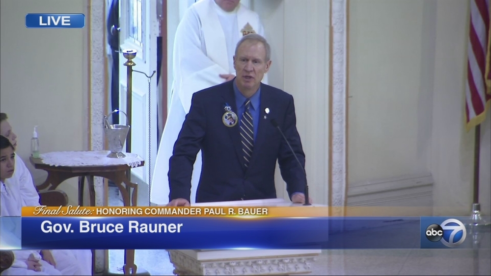 Gov. Rauner speaks at Cmdr. Bauer's funeral