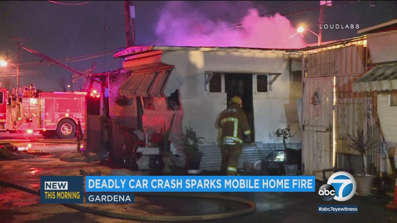 Fire sparked by fatal crash in Gardena spreads to mobile home