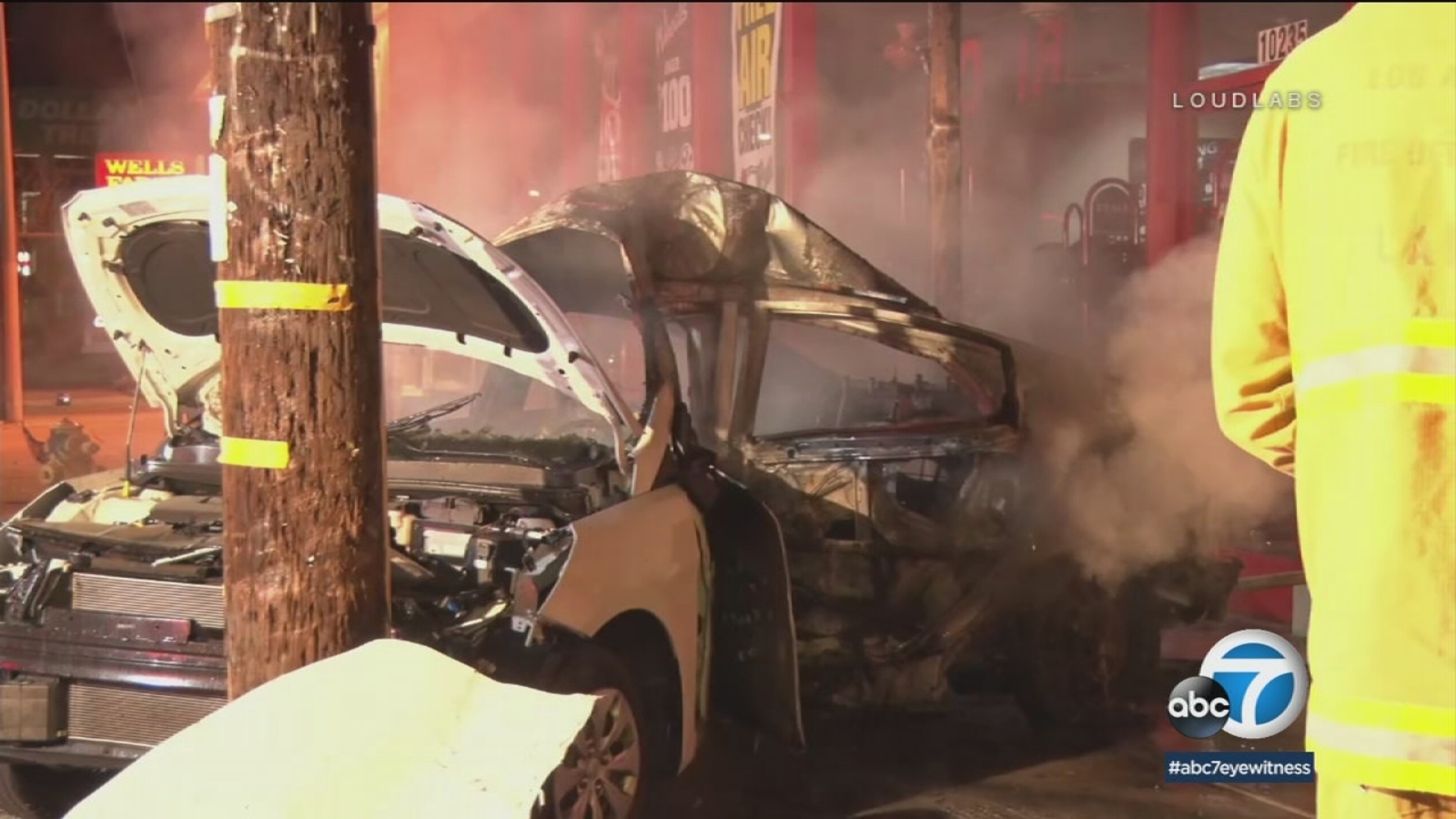 Driver killed after car crashes into Granada Hills pole, bursts into