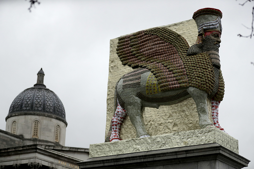 "The Invisible Enemy Should Not Exist" sculpture was unveiled on Wednesday in Trafalgar Square in London.