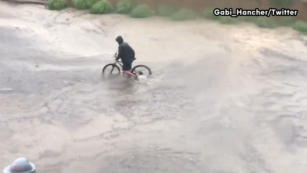 Texas A&M student on bike braves flood for class presentation