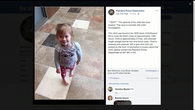 Pearland PD says parents of little girl wandering alone have been found ...