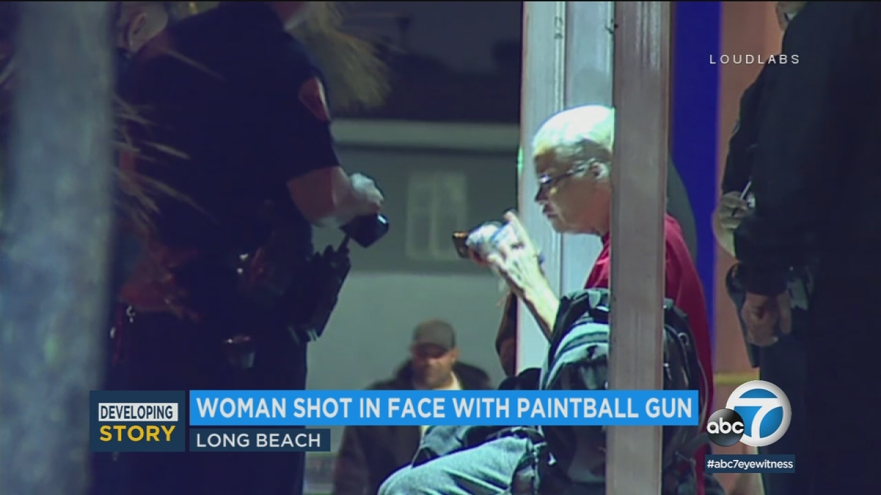 Suspect sought for shooting woman in face with paintball gun 