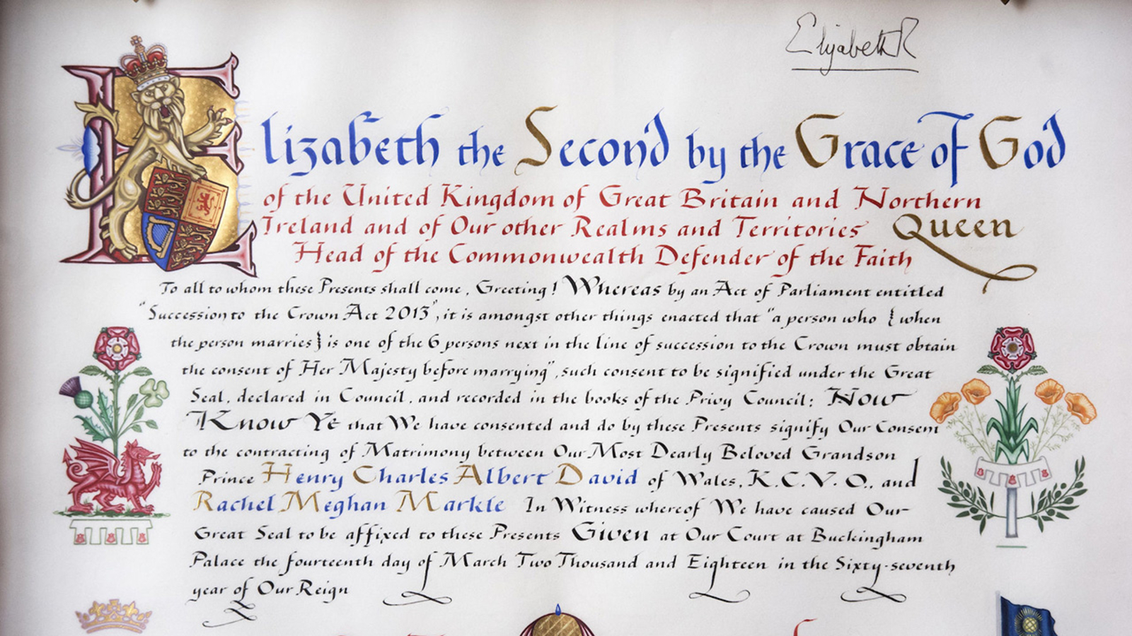 Instrument of Consent Queen Elizabeth II formally approves royal