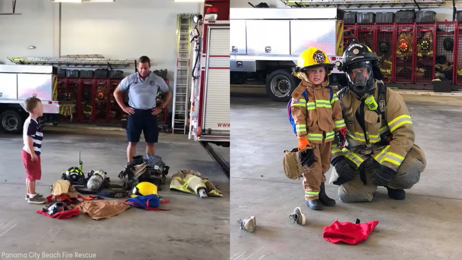 Firefighter and young boy face off in adorable bunker gear challenge
