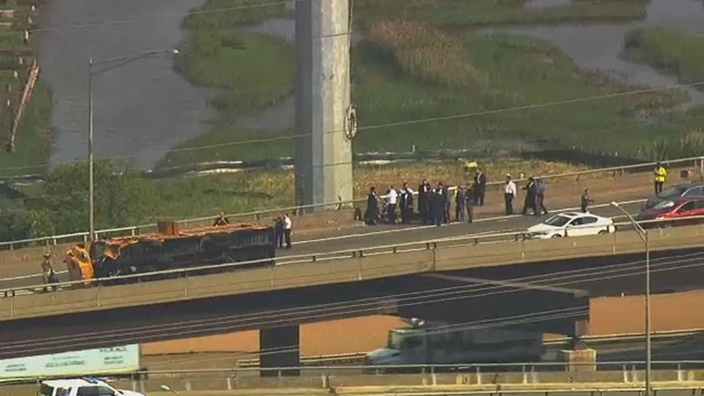 School bus overturns on turnpike ramp to Goethals Bridge