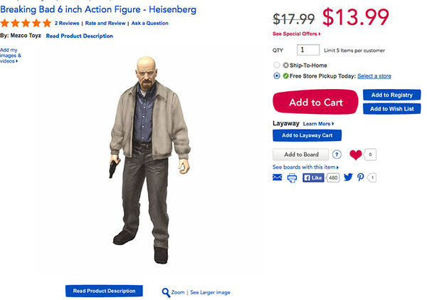 The Heisenberg doll being sold at Toys R Us. The toy's description says it comes with "a sack of cash, and a bag of blue crystals."