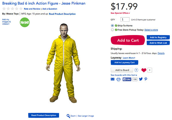 Jesse Pinkman's figurine includes "gas mask, chili powder, and a tray of blue crystal."