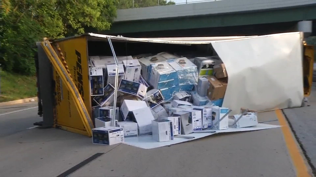 Box truck carrying printers overturns in Delaware