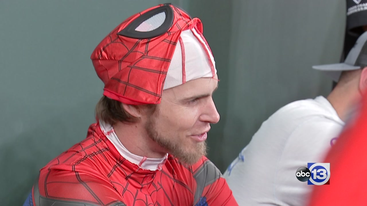 Josh Reddick dresses as Spiderman during Picnic in the Park