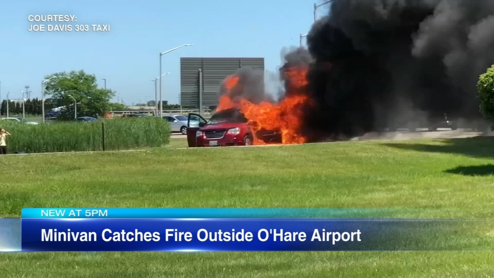 VIDEO: Minivan catches fire outside O'Hare airport