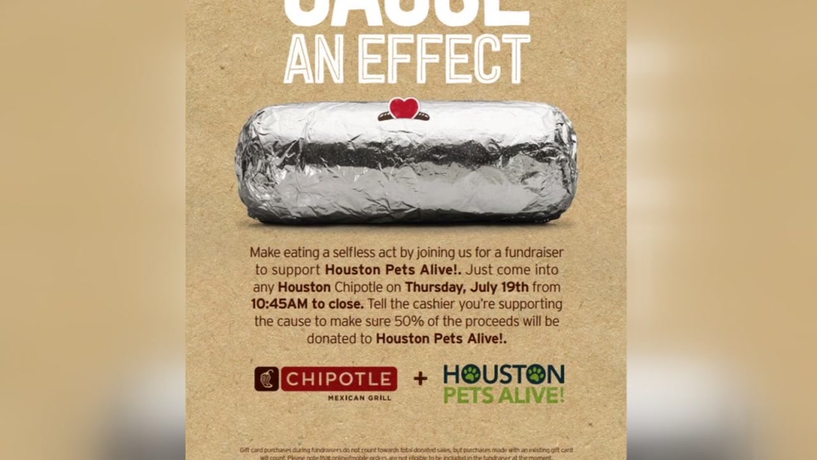 Eat at Chipotle and have 50 percent of proceeds benefit Houston Pets