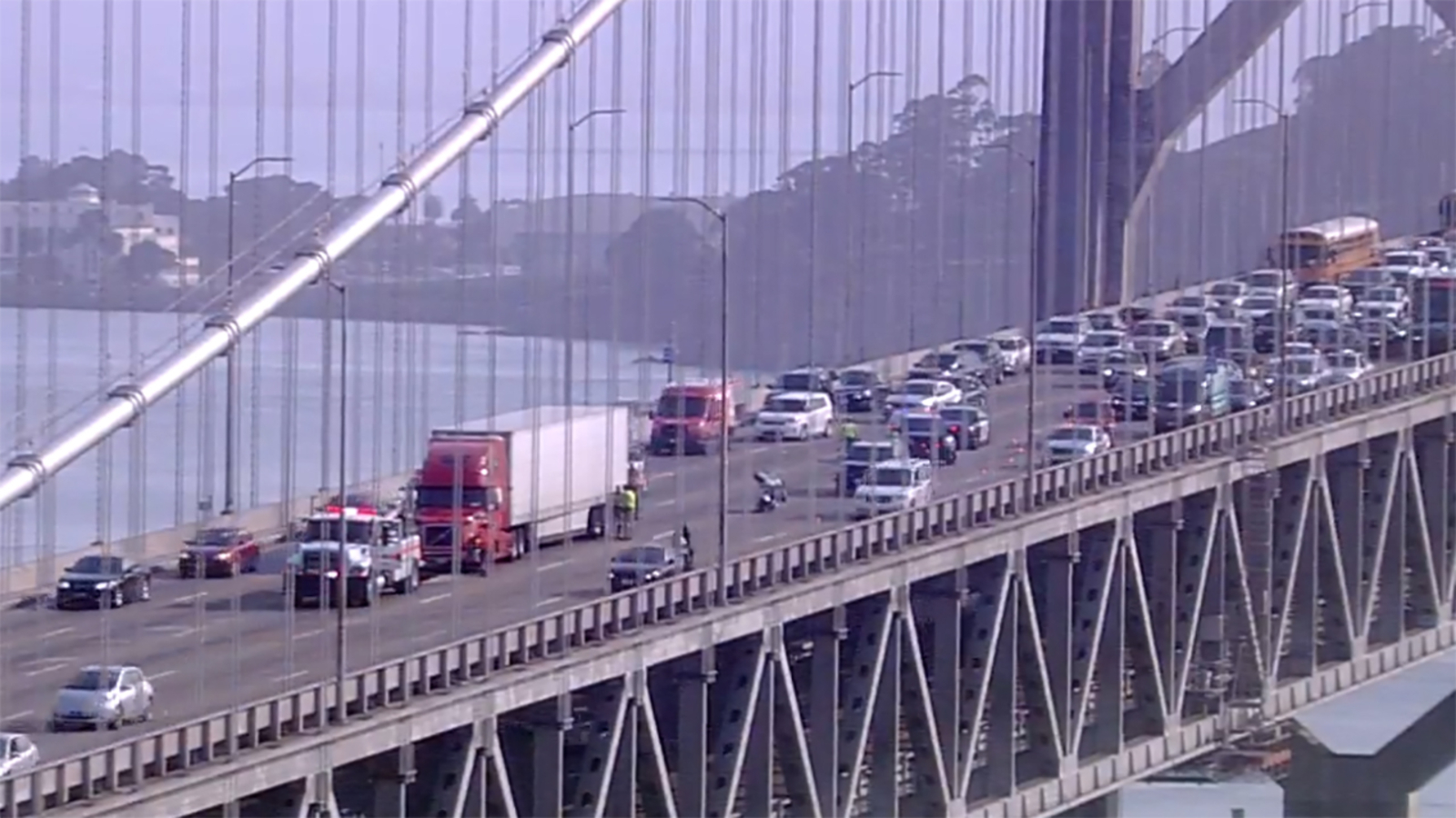 Accident involving motorcycle and big rig cleared from Bay Bridge