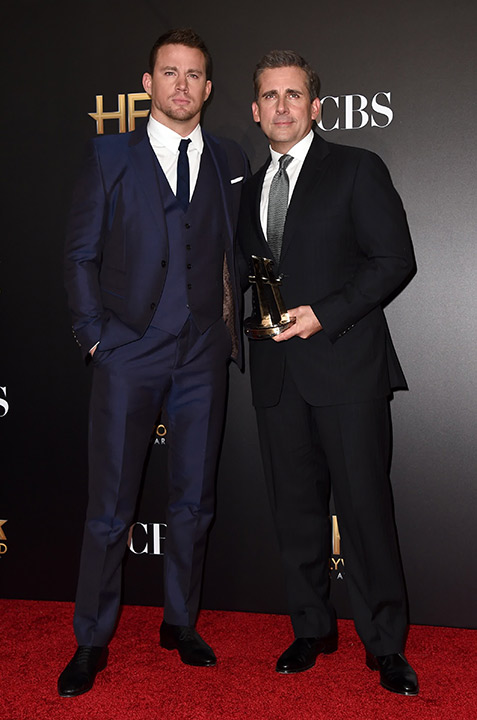 Channing Tatum, left, and Steve Carell pose in the press room with the Hollywood ensemble award for "The Foxcatcher" at the Hollywood Film Awards on Friday, Nov. 14, 2014, in L.A.