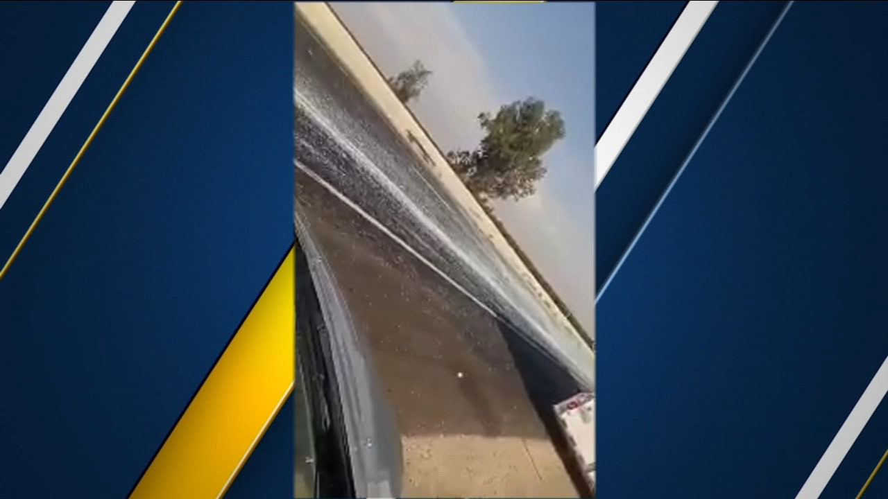 Glass covering southbound Highway 99 near Traver