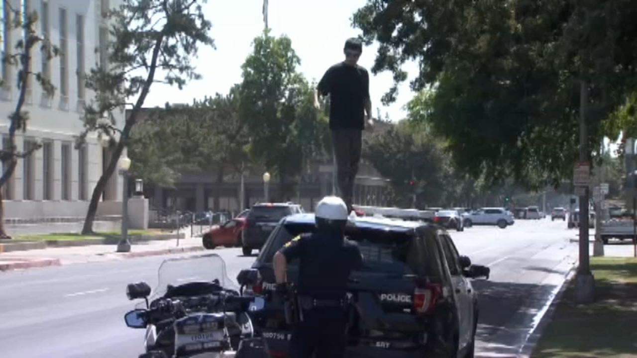 Man arrested for jumnping on police car