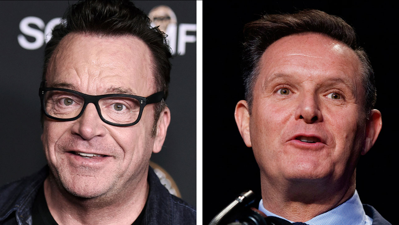 In this combination of photos, Tom Arnold, left, attends a premiere on Oct. 10, 2017, and Mark Burnett speaks during the National Prayer Breakfast on Feb. 2, 2017.