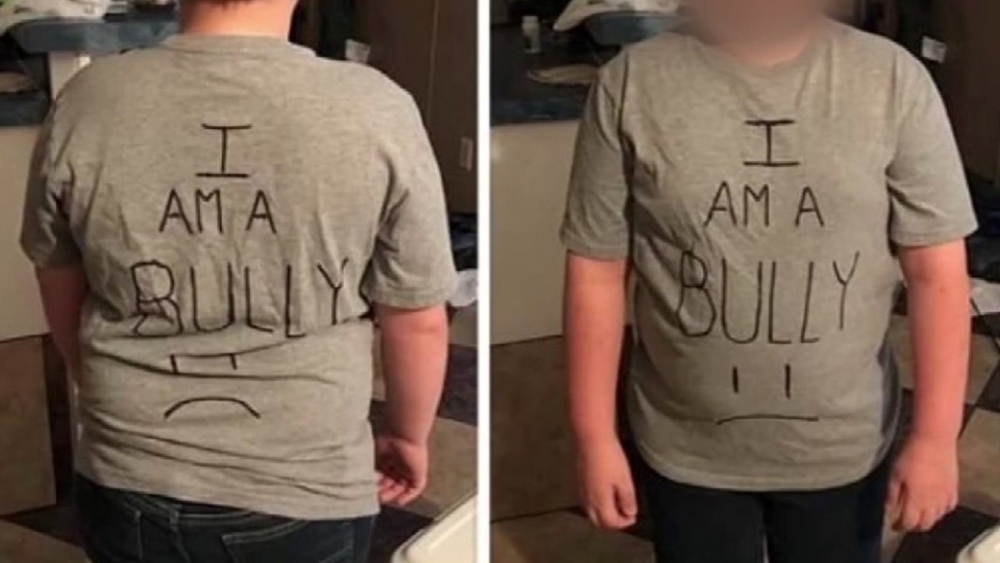Woman has son wear bully t-shirt