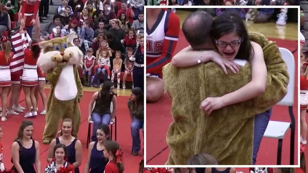 Soldier in wildcat costume surprises Splendora High student