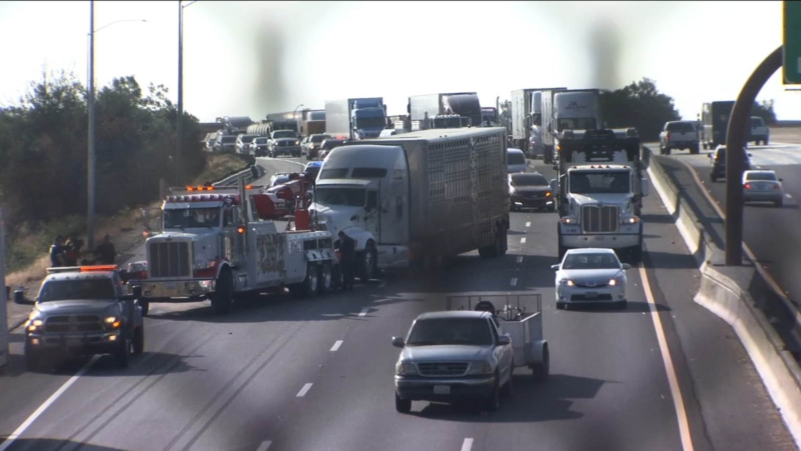 Morning semitruck crash ties up traffic on northbound Highway 99