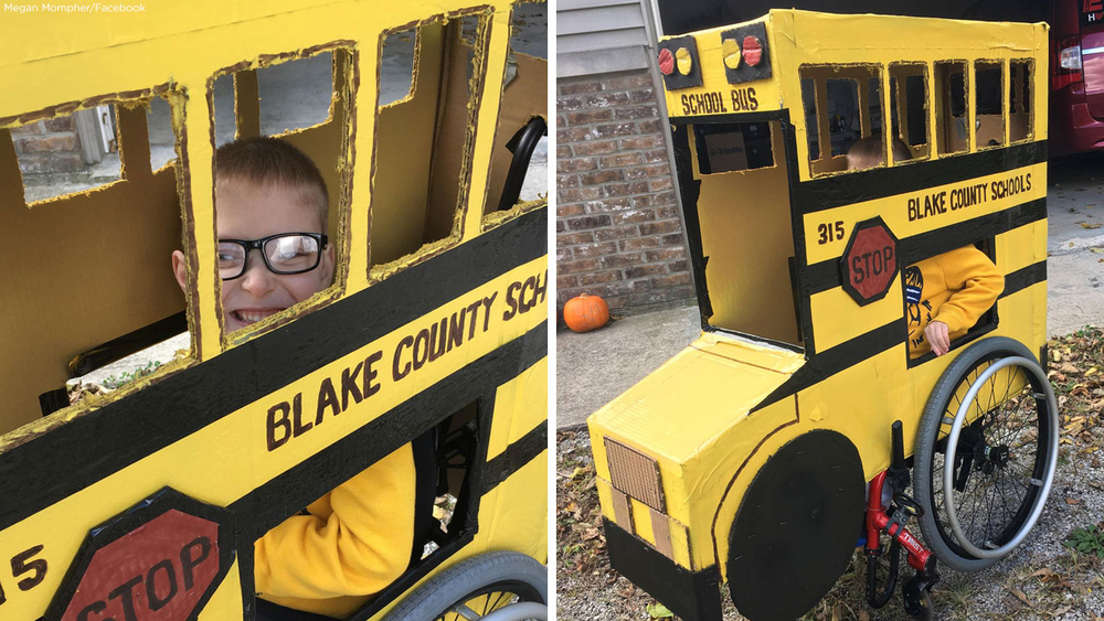 Next stop, Halloween! Boy's bus costume custom-built for wheelchair