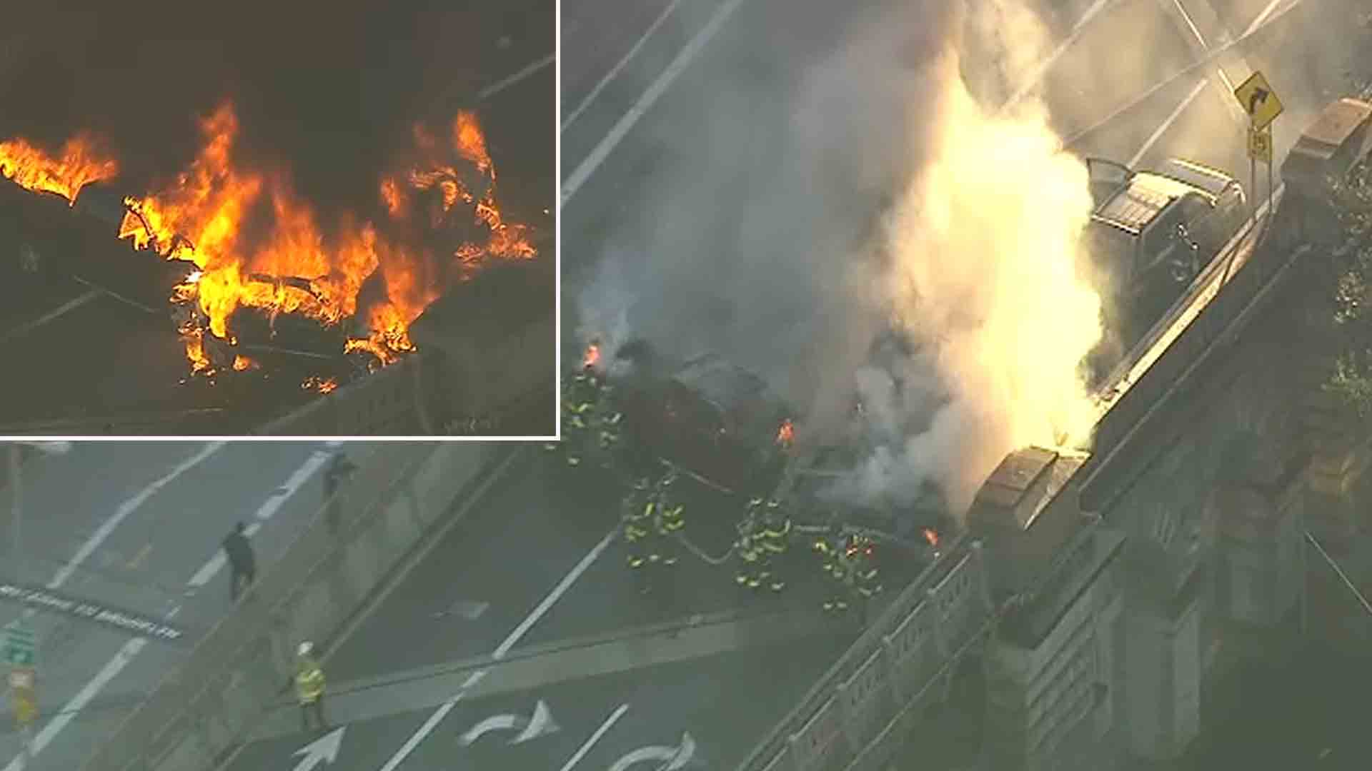 1 dead, 5 hurt in 4-car crash, fire on Brooklyn Bridge