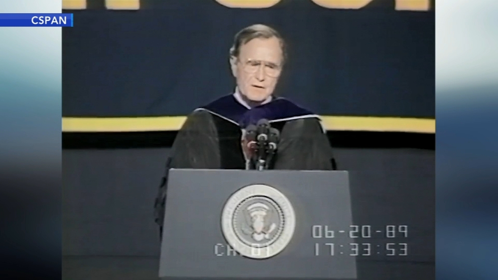 President George H.W. Bush speaks to Cheltenham High School class of 1989